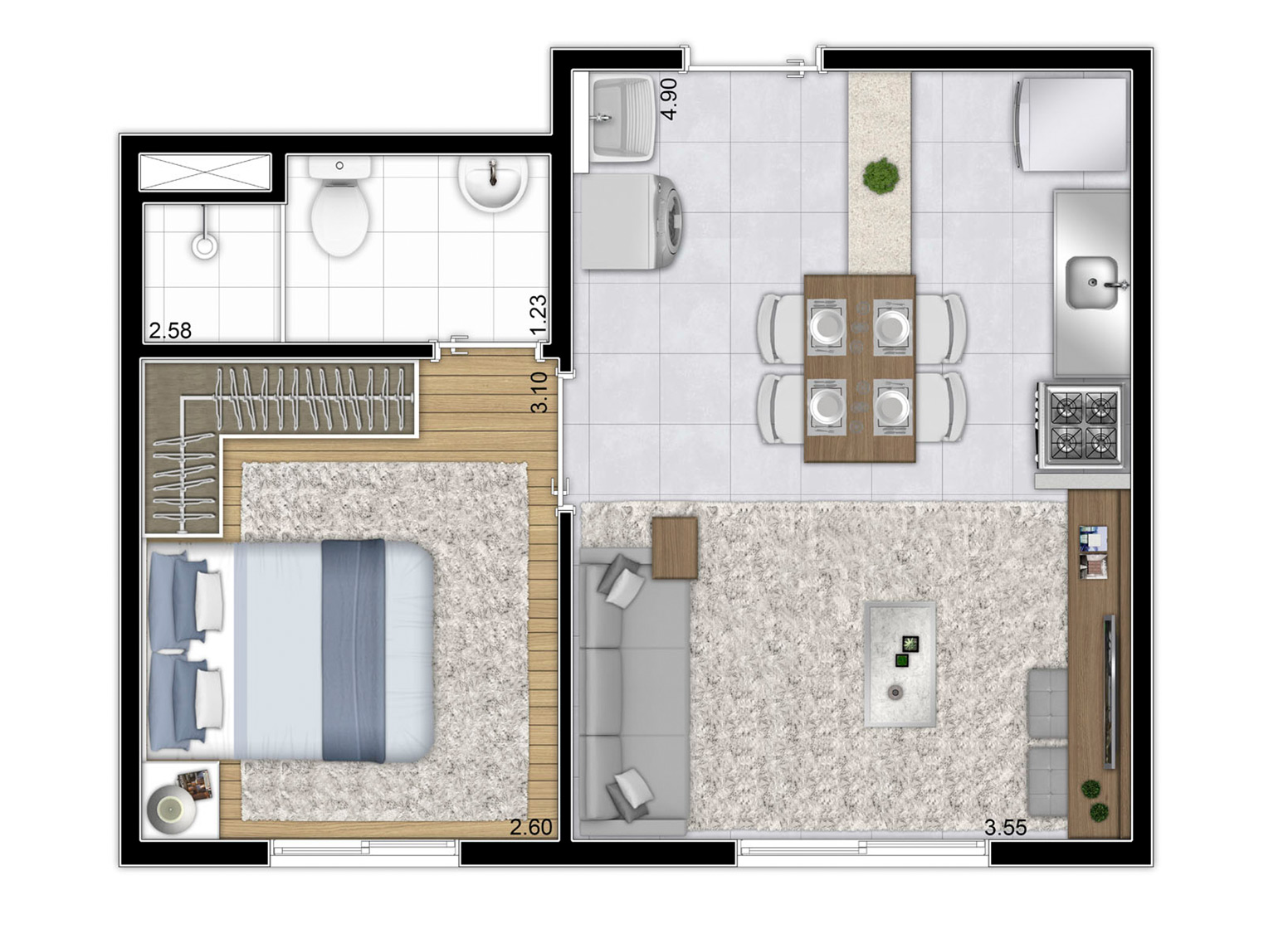 Planta Tipo - Torre B - (Final 1) - 32,56m² - Perspectiva Ilustrada