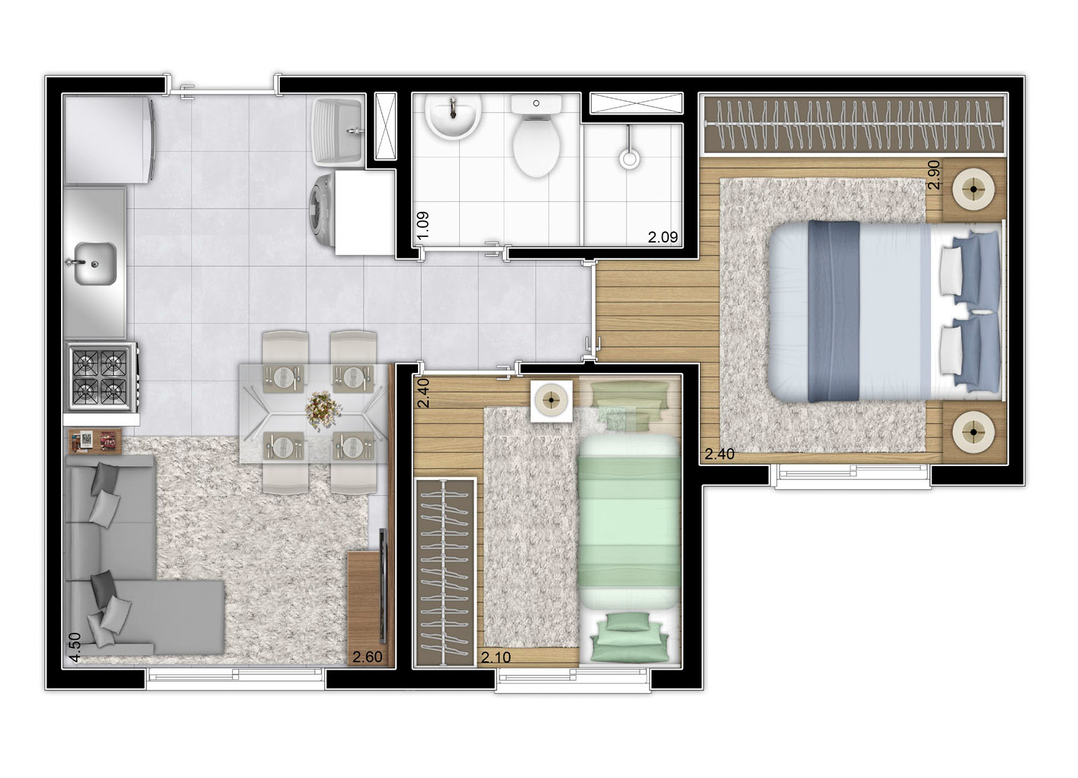 Planta Tipo - Torre A (Finais 5 e 11) - 32,18m² - Perspectiva Ilustrada