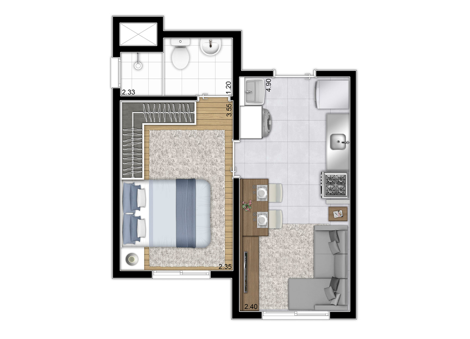 Planta Tipo - Torre B (Finais 6 e 13) - 26,68m² - Perspectiva Ilustrada
