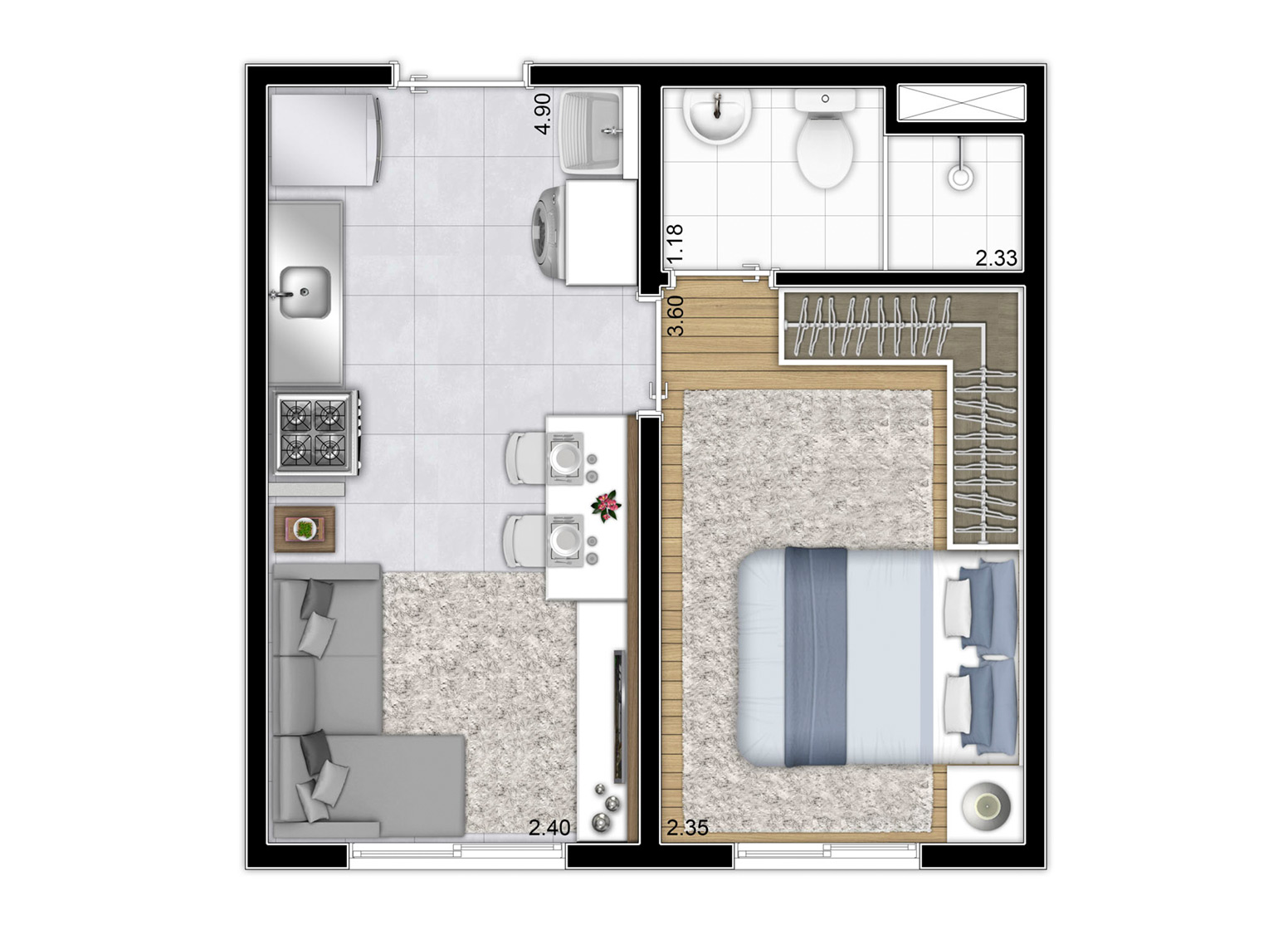 Planta Tipo - Torre B (Finais 8 e 14) - 26,14m² - Perspectiva Ilustrada