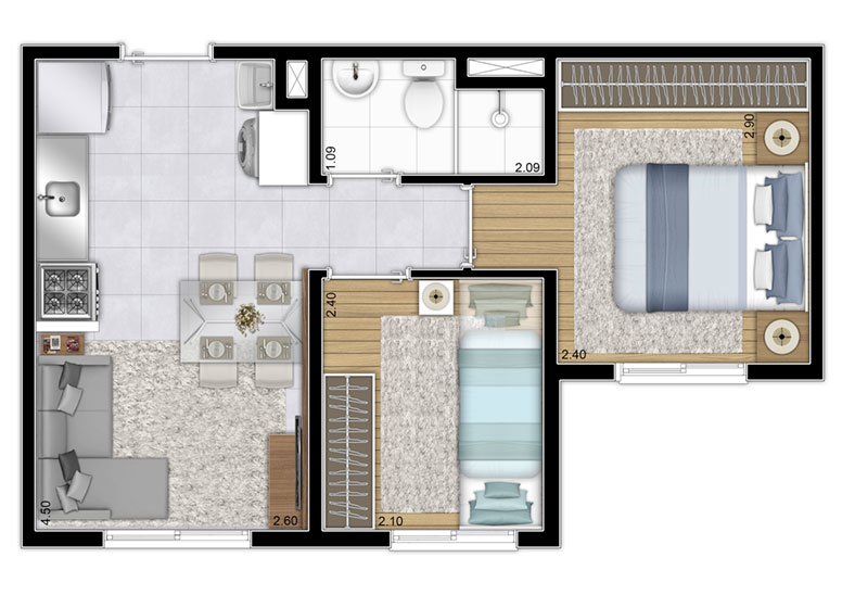 Planta Tipo 2Dorms - 32,75m² (finais 6 e 12)