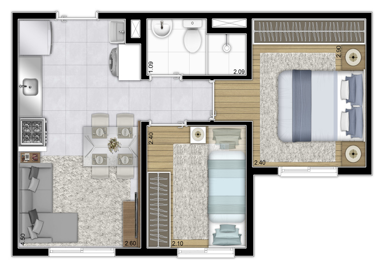 Planta Tipo - 2 DORMS - 32m² - Perspectiva ilustrada