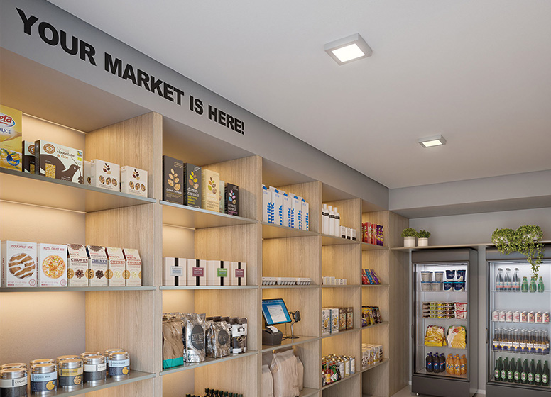 Minimarket - Perspectiva Ilustrada (As áreas que são entregues equipadas constam expressamente no Memorial Descritivo. A área ilustrada é uma sugestão de uso e depende de contratação do serviço/infraestrutura/decoração pelo condomínio).