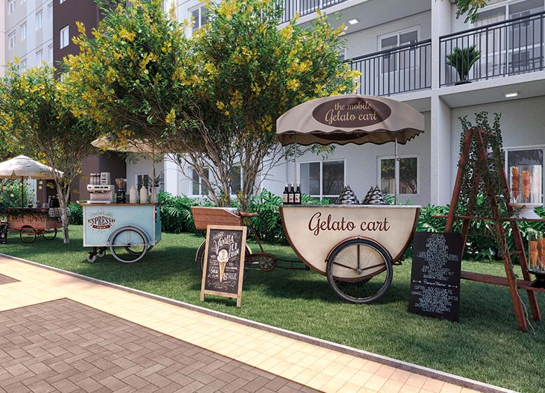Food bike - Perspectiva ilustrada (As áreas que são entregues equipadas constam expressamente no Memorial Descritivo. A área ilustrada é uma sugestão de uso e depende de contratação do serviço/infraestrutura/decoração pelo condomínio)