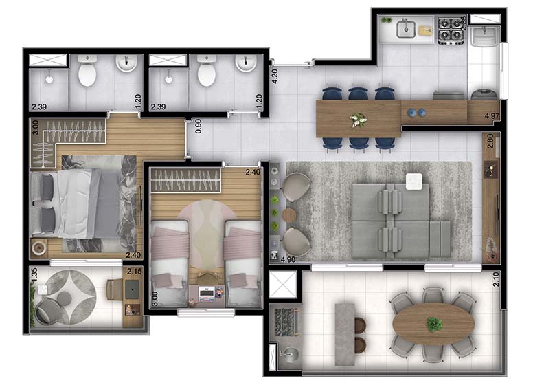 Planta 3 Dorms. - 66,93m² - Sala estendida - Perspectiva ilustrada