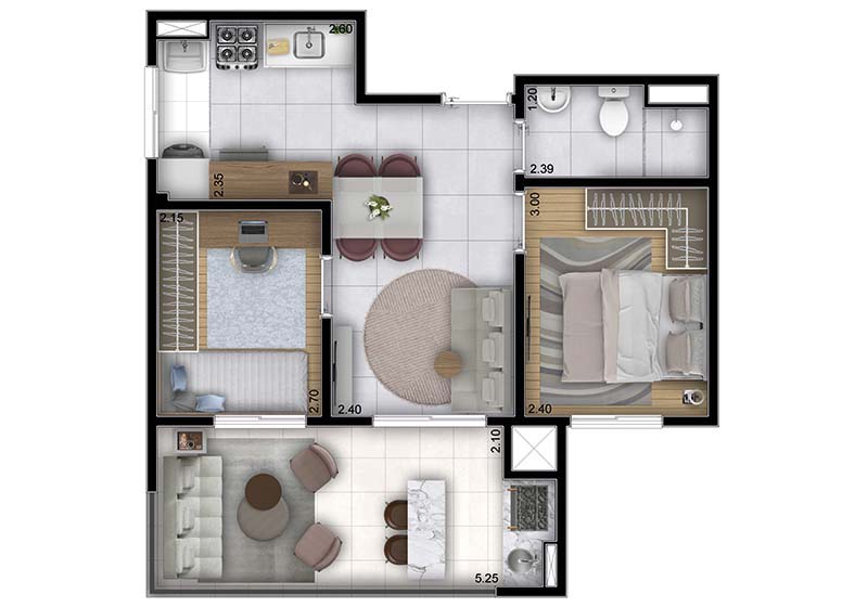 Planta 2 Dorms. - 48,35m² - Perspectiva ilustrada