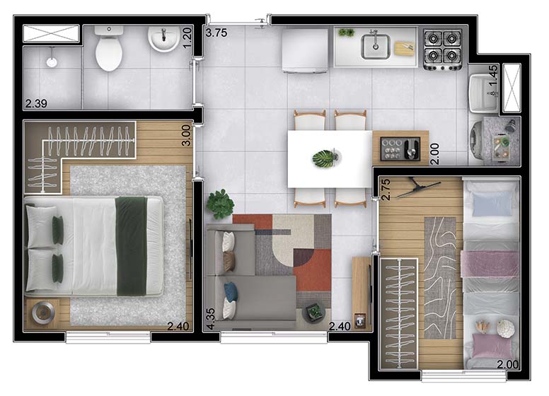 Planta 2 Dorms. - 33,98m² ou 35,12m² - Perspectiva ilustrada