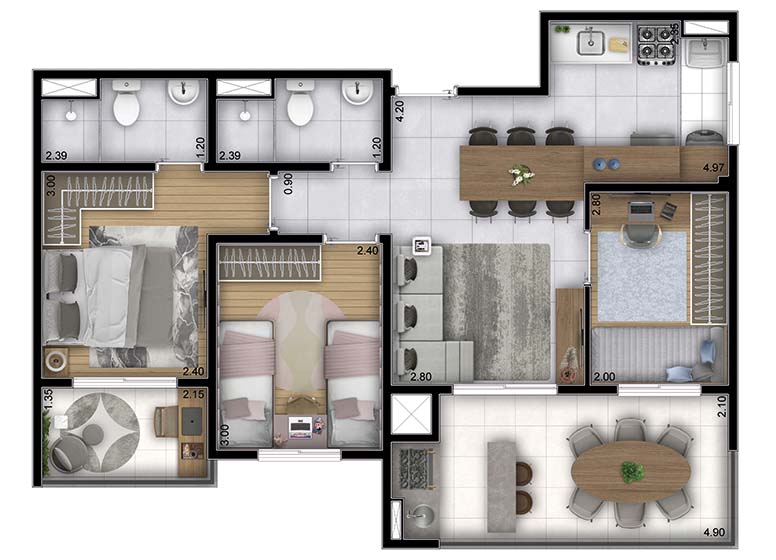 Planta 3 Dorms. - 66,93m² - Perspectiva ilustrada