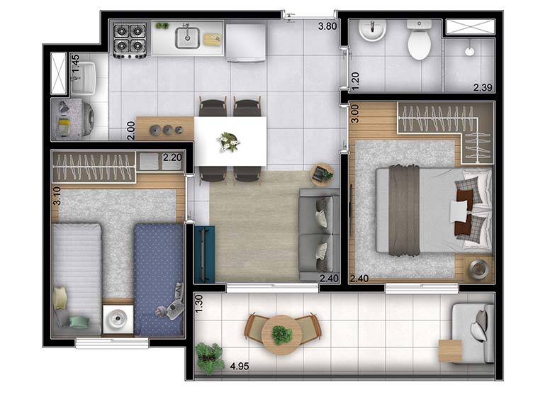 Planta 2 Dorms.  - 44,41m² ou 43,35m² - Perspectiva ilustrada
