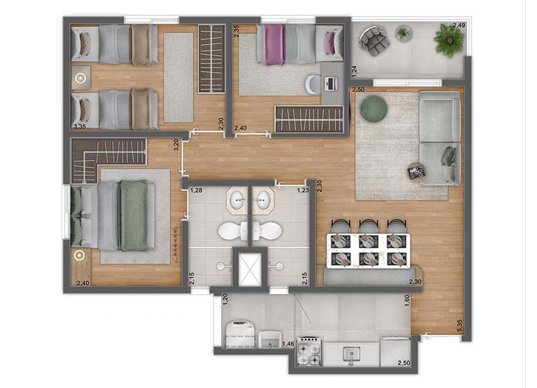Planta 3 Dorms. - 59,05m² - Perspectiva Ilustrada