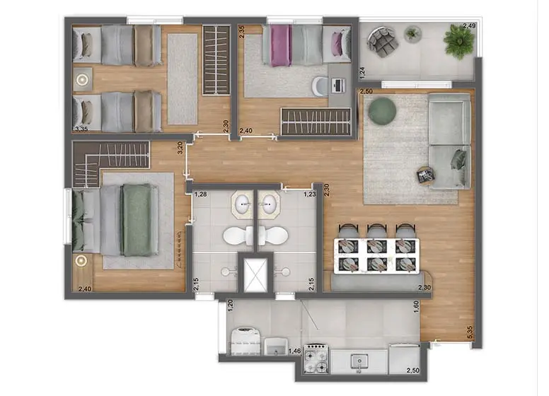 Planta 3 Dorms. - 59,05m² - Perspectiva Ilustrada - Unni by Plano&Plano 