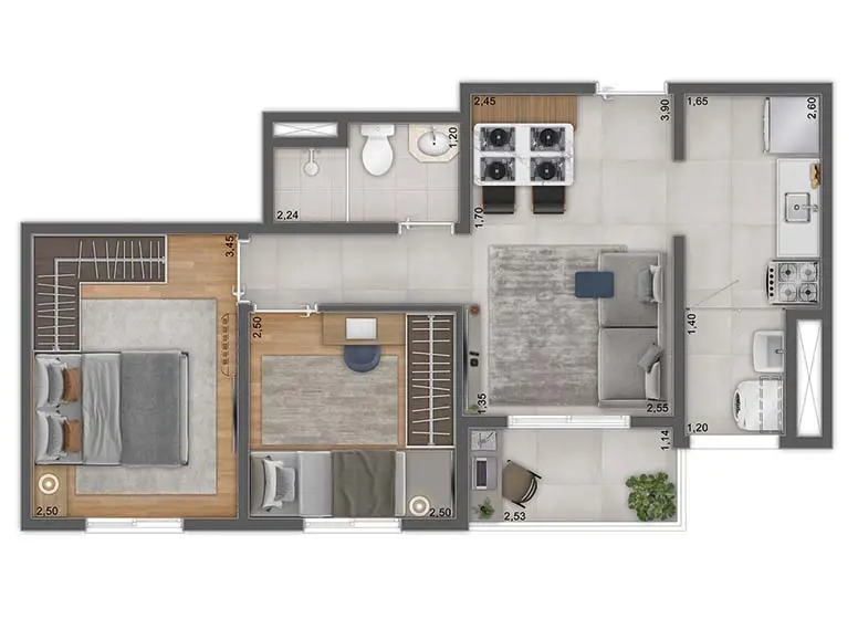 Planta 2 Dorms. - 44,63m² - Perspectiva Ilustrada - Unni by Plano&Plano 