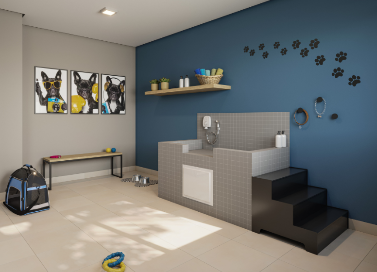 Pet Care - Perspectiva Ilustrada (As áreas que são entregues equipadas constam expressamente no Memorial Descritivo. A área ilustrada é uma sugestão de uso e depende de contratação do serviço/infraestrutura/decoração pelo condomínio)