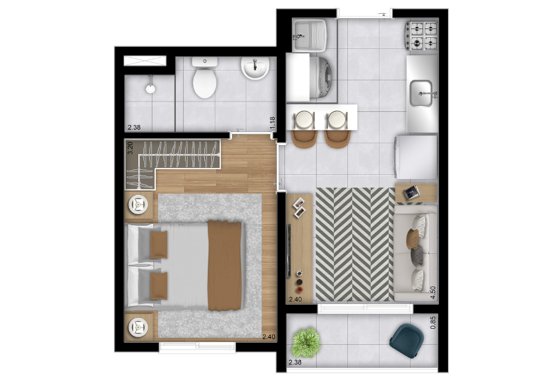 Planta 1 Dorm. Torre C e D (Finais 04 e 05) | Torre D (Finais 09 e 10) - Perspectiva Ilustrada