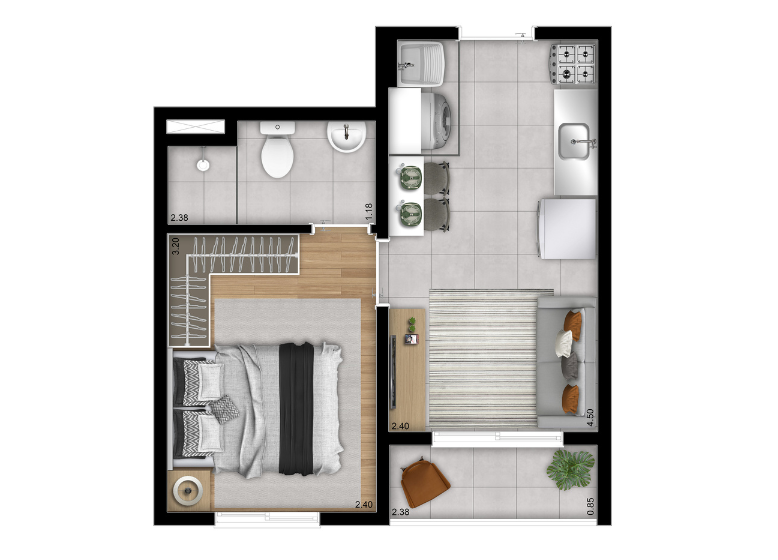 Planta 1 Dorm. Torre A, B, C e D (Final 07) | Torre A e B (Final 08) - Perspectiva Ilustrada