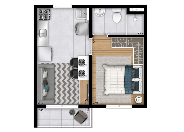 Planta 1 Dorm. Torre A e B (Finais 01, 02, 03, 06, 09, 12 e 13) | Torre C (Finais 01 ,02, 03, 06, 08 e 11) | Torre D (01, 02, 03, 06, 08 e 11) - Perspectiva Ilustrada