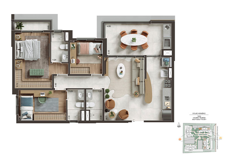 Planta 86m² - 3 Dorms. Padrão - Perspectiva Ilustrada
