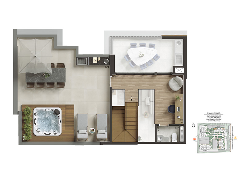  Planta 153m² - Duplex superior 3 Dorms. - Perspectiva Ilustrada