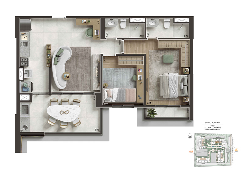 Planta 75m² - 2 Dorms. com suíte - Perspectiva Ilustrada