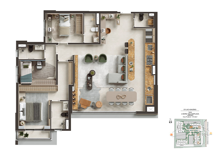  Planta 107m² - 4 Dorms. com sala ampliada - Perspectiva Ilustrada