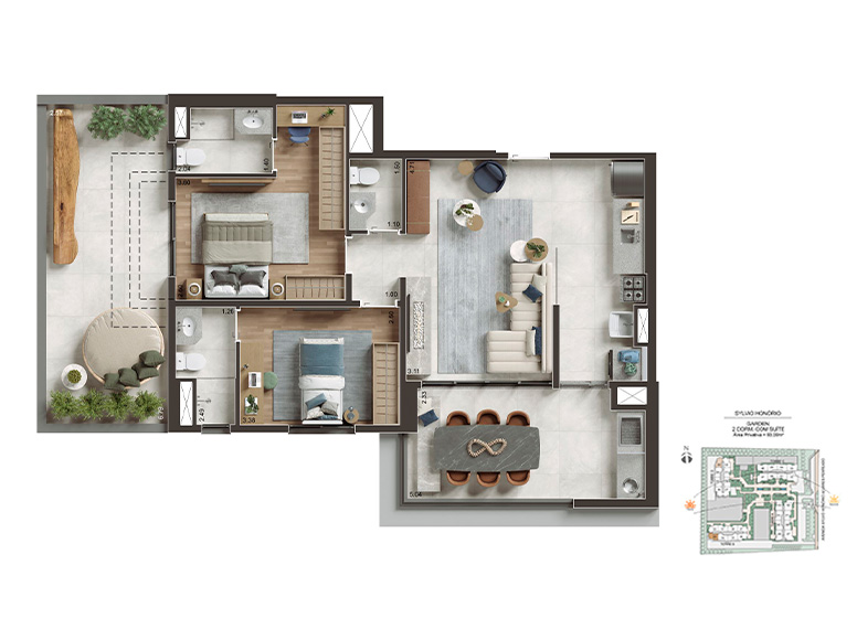  Planta 93m² - Garden 2 Dorms. com suíte - Perspectiva Ilustrada