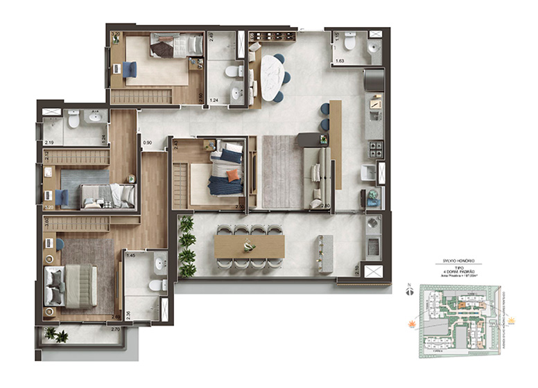 Planta 107m² - 4 Dorms. padrão - Perspectiva Ilustrada