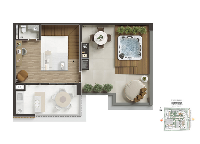  Planta 130m² - Duplex Superior - 2 Dorms. sem suíte - Perspectiva Ilustrada