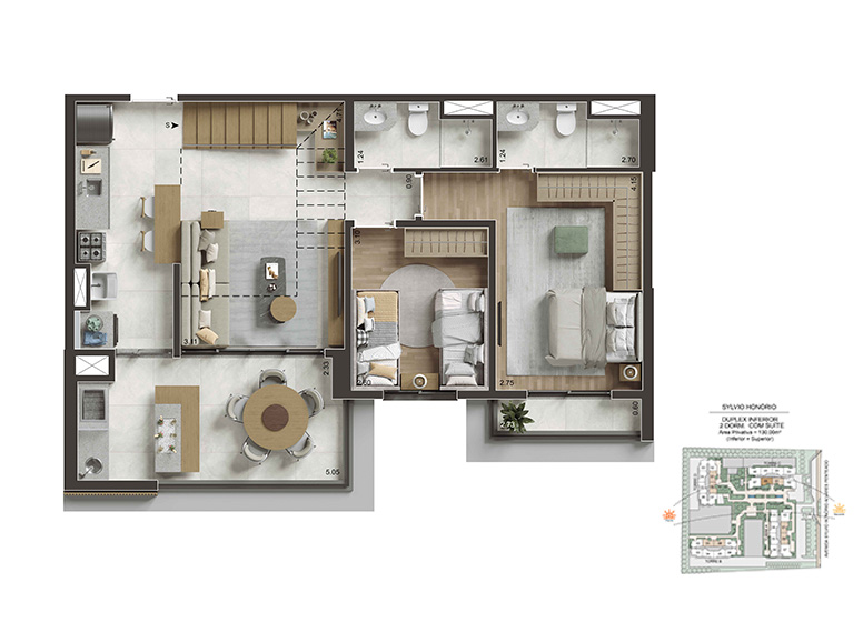  Planta 130m² - Duplex Inferior - 2 Dorms. com suíte - Perspectiva Ilustrada