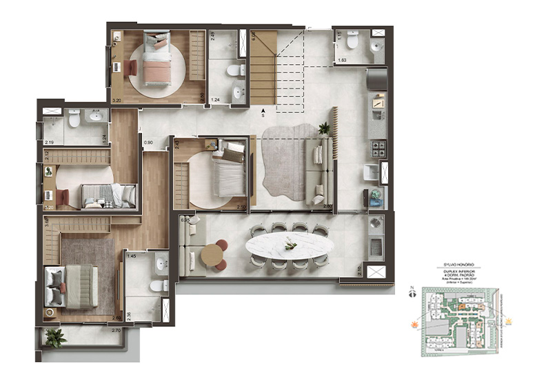  Planta 189m² - Duplex inferior 4 Dorms. - Perspectiva Ilustrada