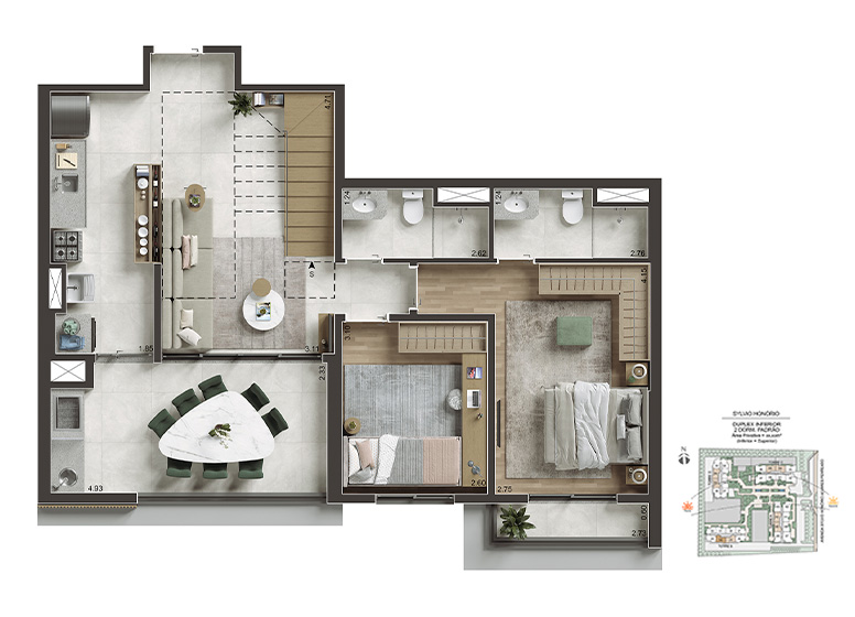  Planta 189m² - Duplex inferior 4 Dorms. - Perspectiva Ilustrada
