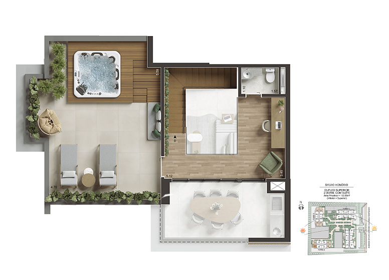  Planta 132m² - Duplex Superior - 2 Dorms. com suíte - Perspectiva Ilustrada