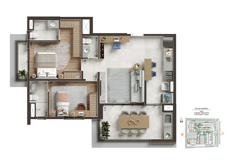 Planta 76m² - 2 Dorms. com suíte - Perspectiva Ilustrada