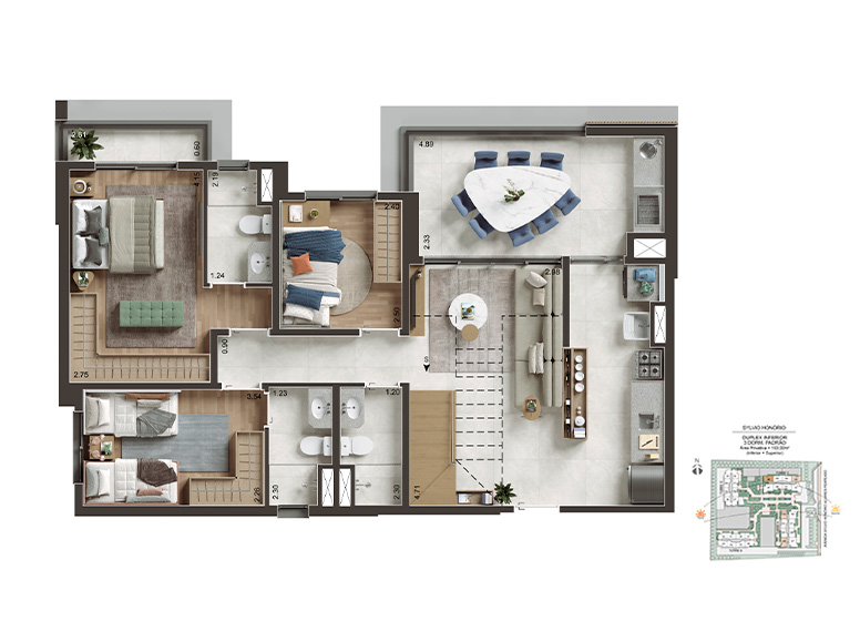  Planta 153m² - Duplex Inferior - 3 Dorms. - Perspectiva Ilustrada