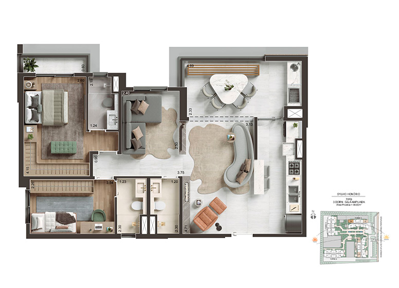 Planta 86m² - 3 Dorms. com sala ampliada - Perspectiva Ilustrada