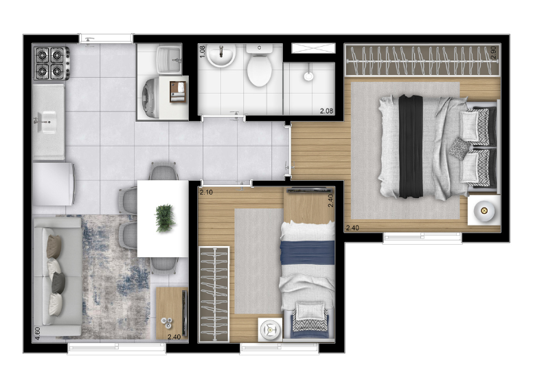 Planta 2 Dorms. (Finais 06 e 12) - 32,44m² - Perspectiva Ilustrada