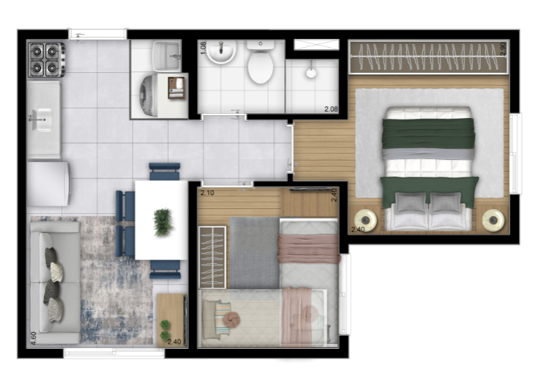 Planta 2 Dorms. (Final 10) - 32,37m² - Perspectiva Ilustrada