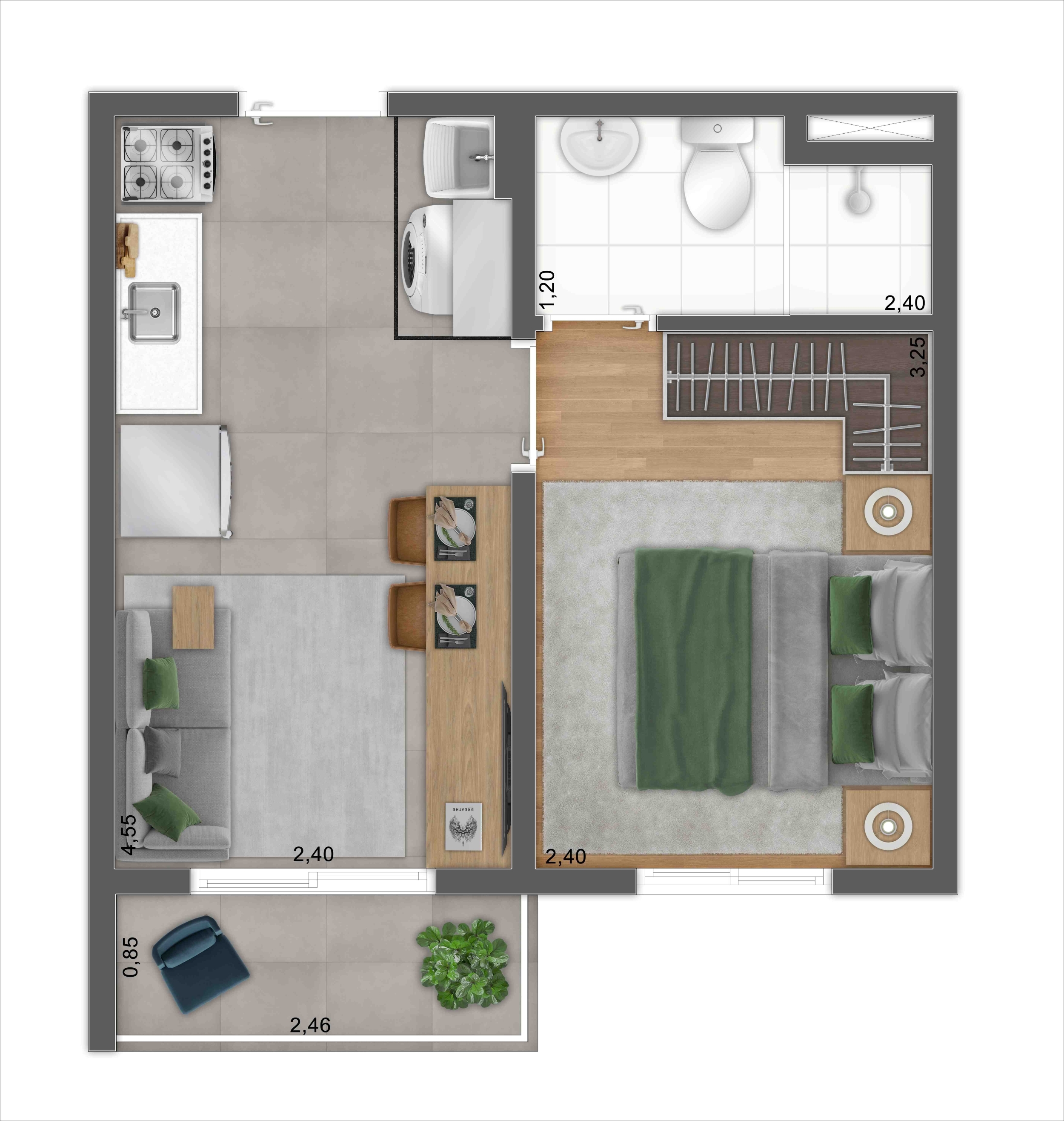 Planta 1 Dorm. - Perspectiva Ilustrada