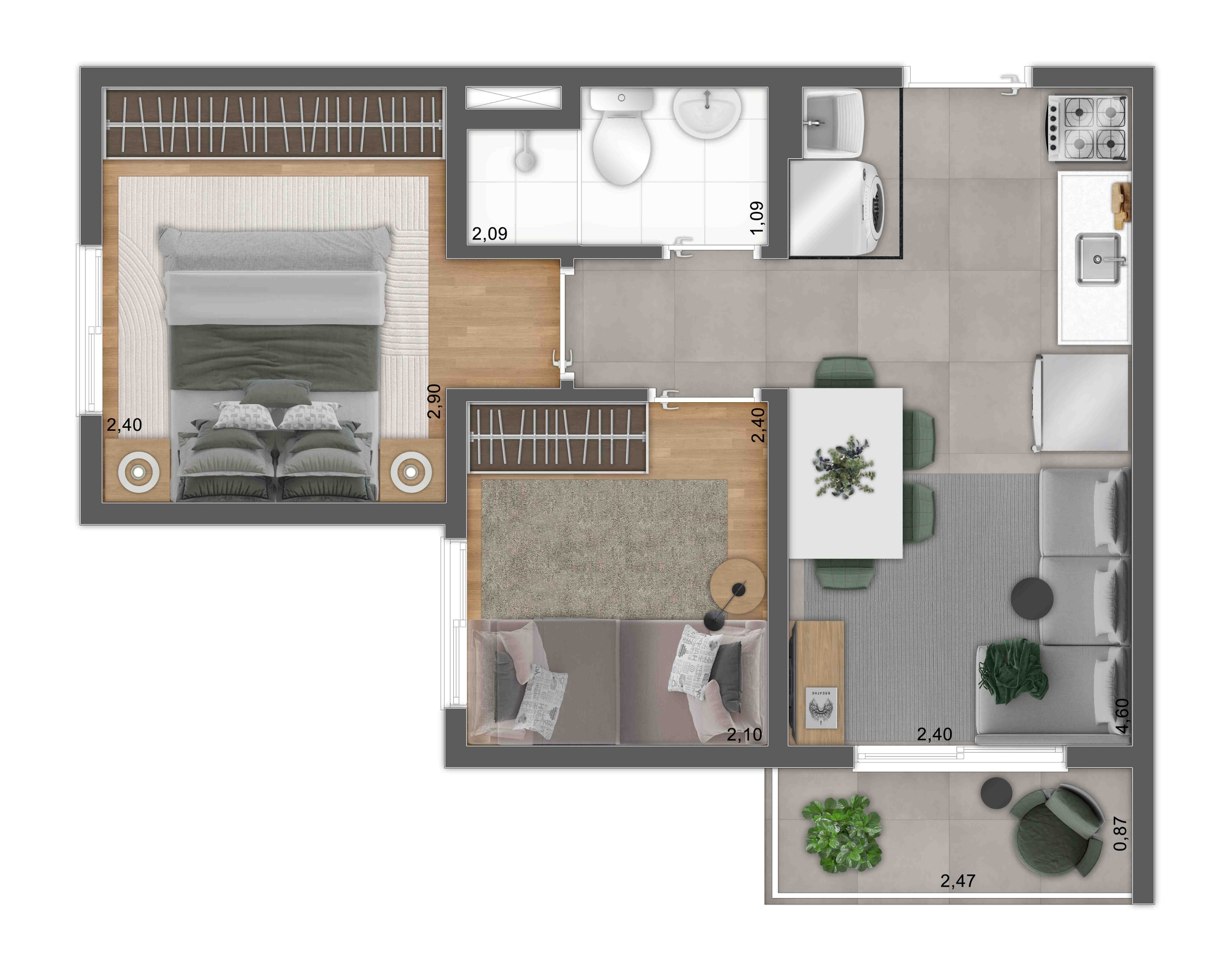 Planta 2 Dorms. - Perspectiva Ilustrada