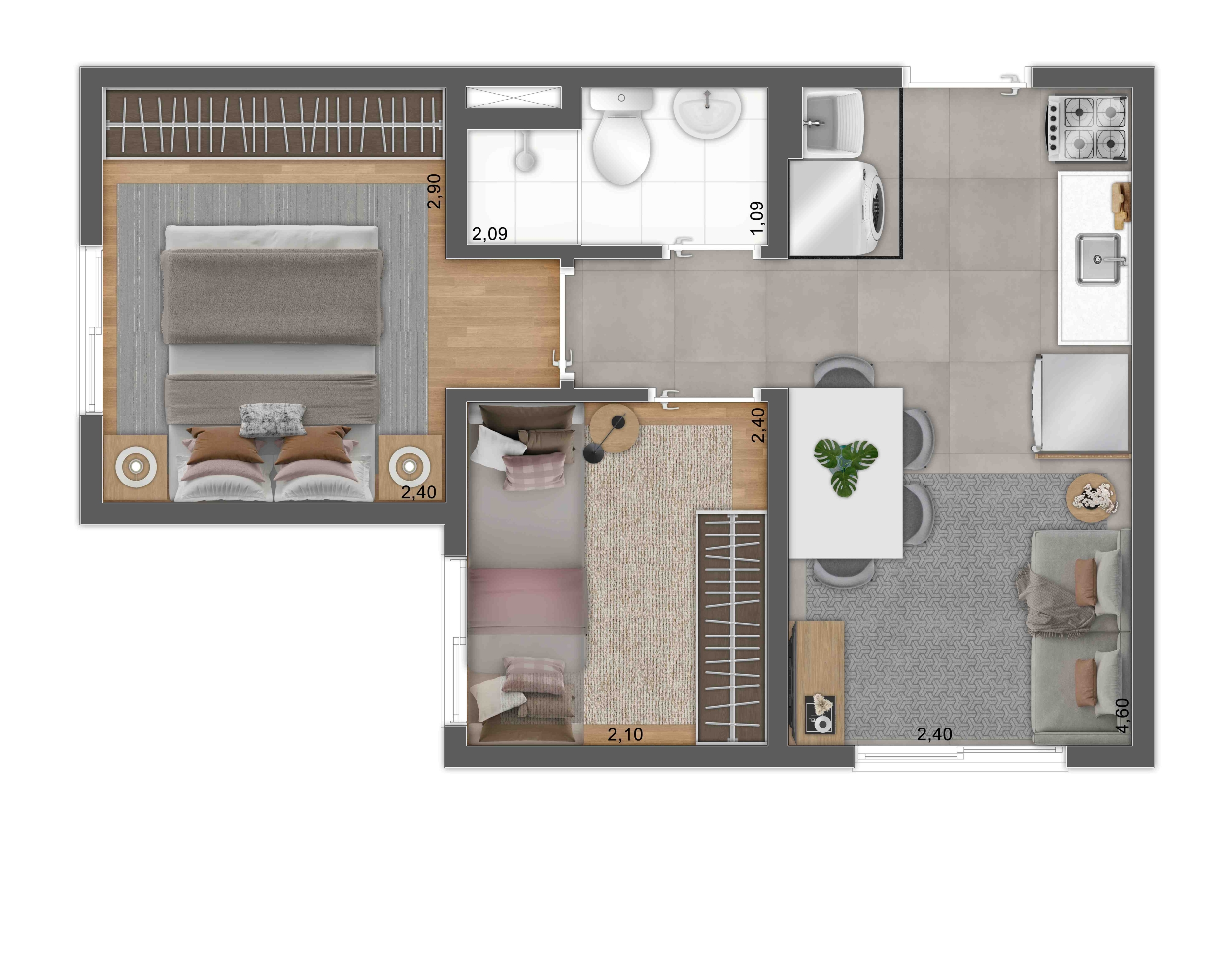 Planta 2 Dorms. - Perspectiva Ilustrada