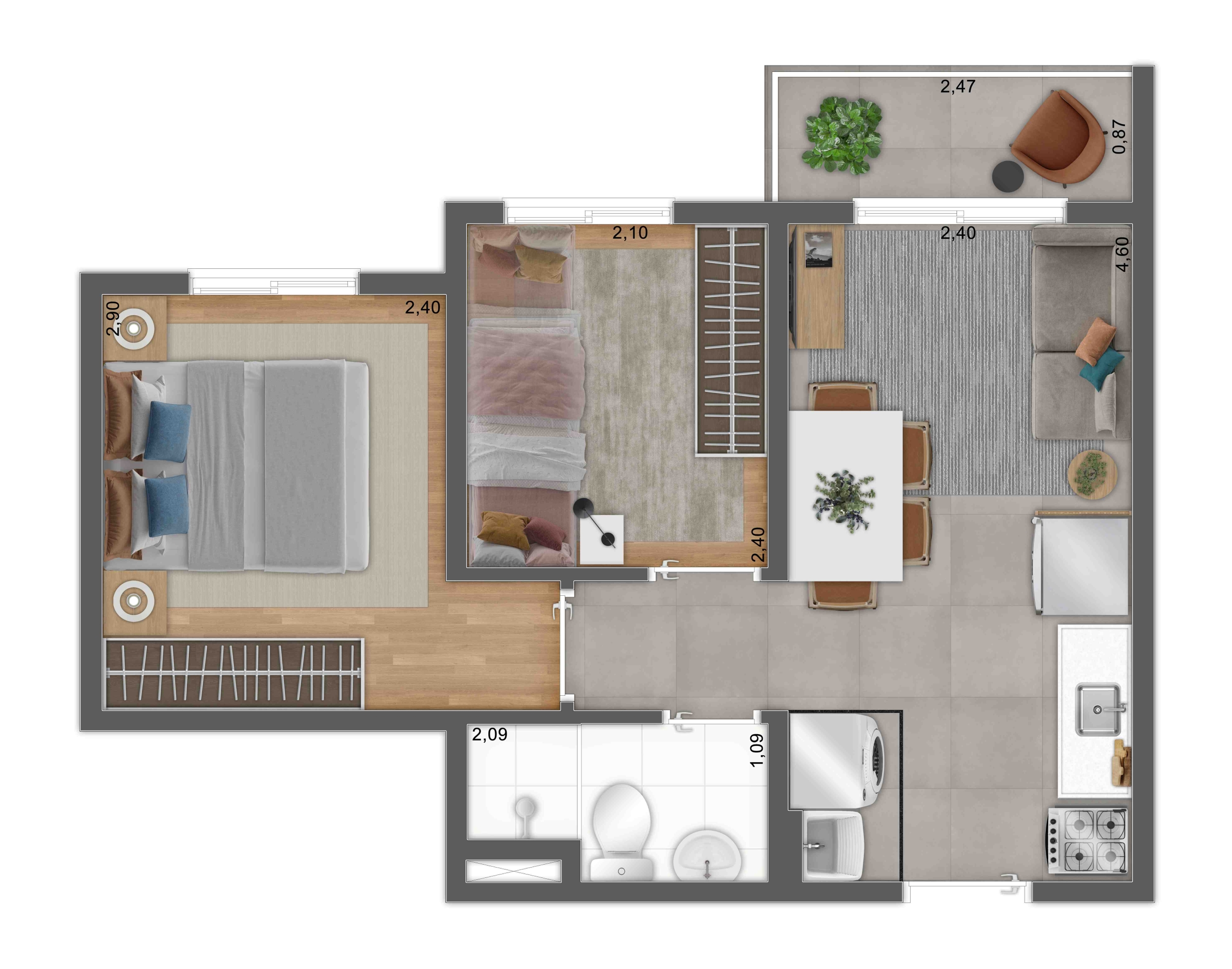 Planta 2 Dorms. - Perspectiva Ilustrada