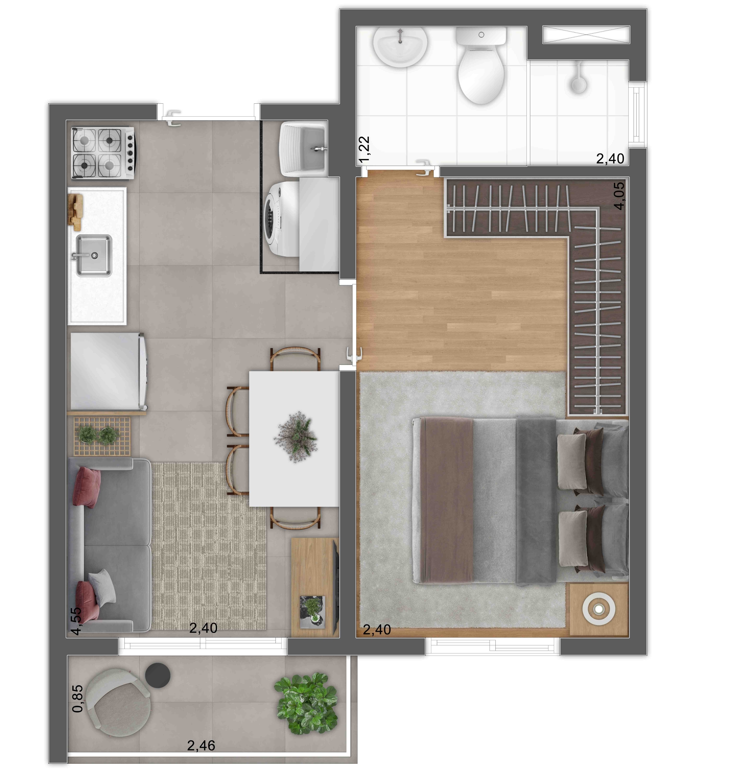 Planta 1 Dorm. - Perspectiva Ilustrada