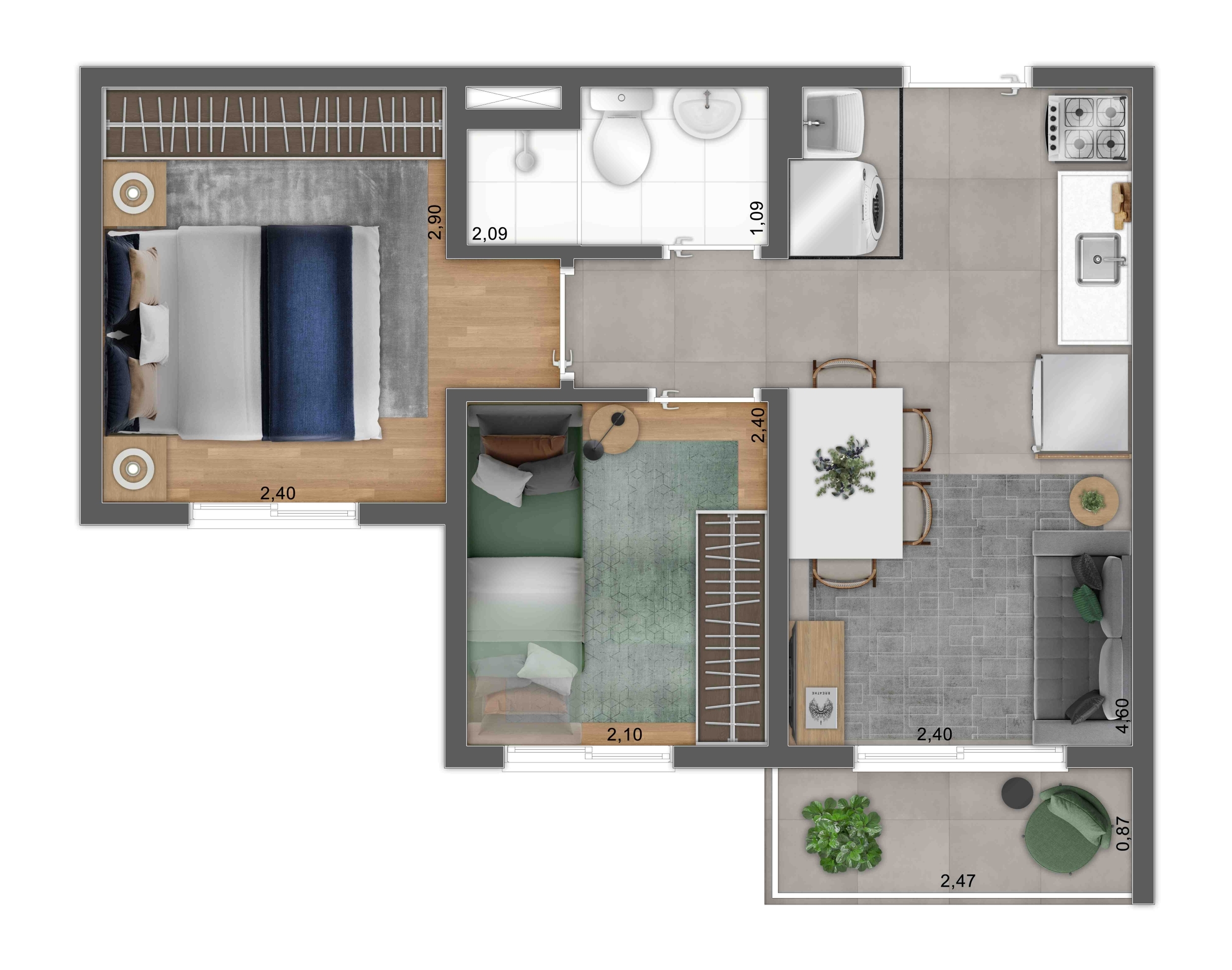 Planta 2 Dorms. - Perspectiva Ilustrada