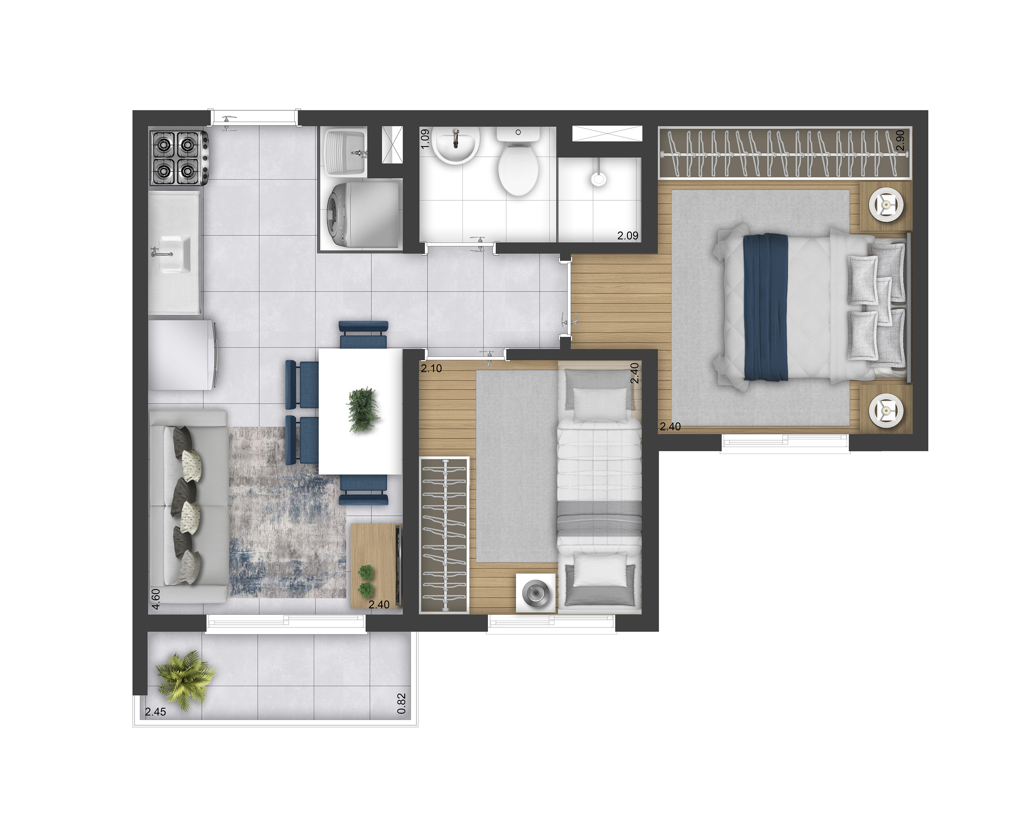 Planta 2 Dorms. c/ sacada - Torre A e B - Final 11 - 34,30m&sup2; - Perspectiva llustrada