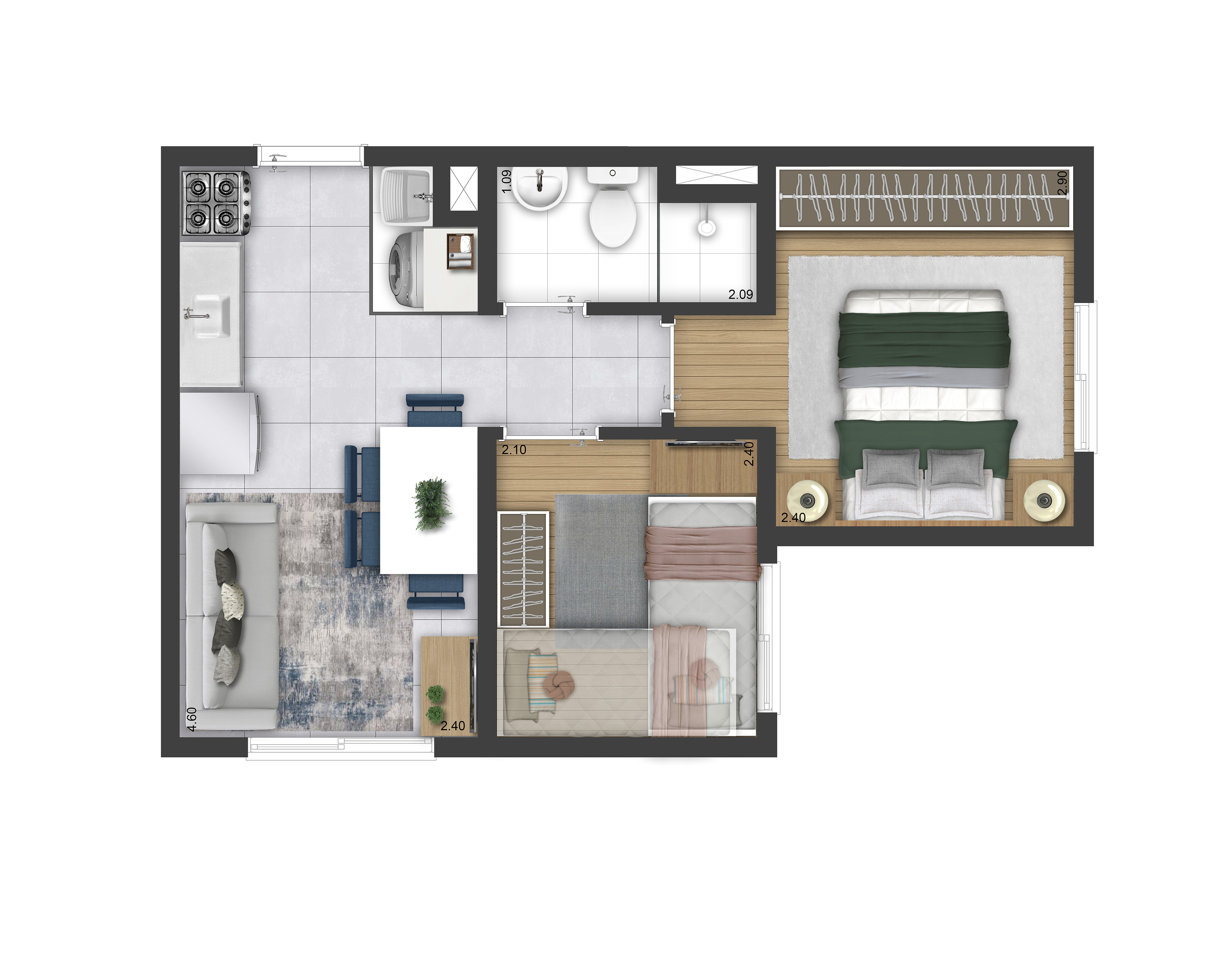 Planta 2 Dorms. - Torre A e B - Final 4 - 32,76m&sup2; - Perspectiva llustrada